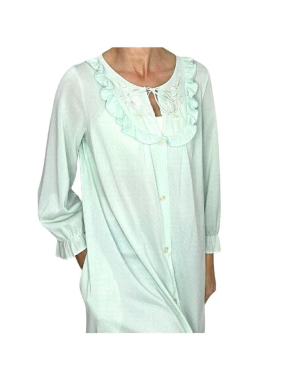 Vintage Mint Green Ruffle Embroidered Button Front Maxi Robe - Picture 4 of 13